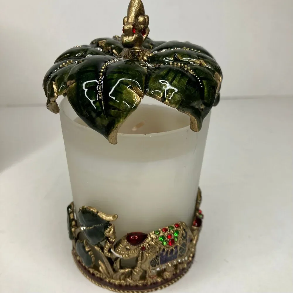 Cloisonné Hand Painted Enamel Bougie Safari Candle Holder Elephants Bombay NEW